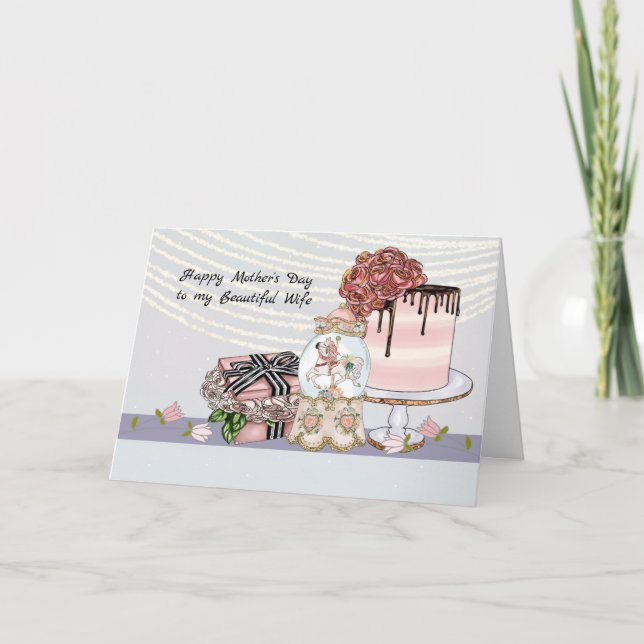 Tarjeta del día de la madre para esposa con pastel (Anverso)