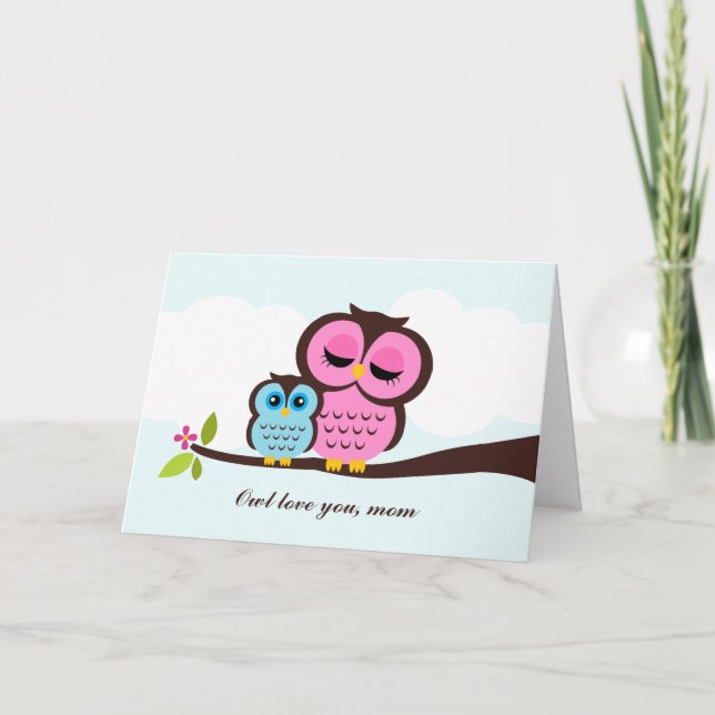Tarjeta del día de madre del búho de la mamá y del (Anverso)