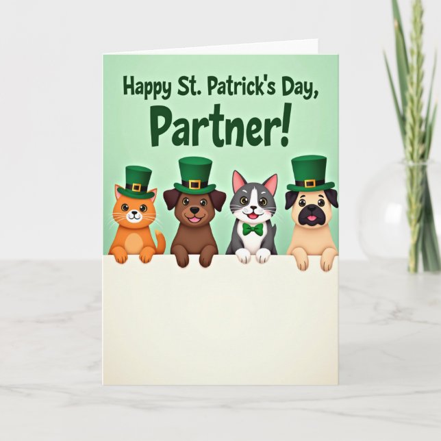Tarjeta del día de San Patricio con animales felic (Anverso)