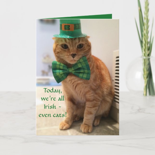 Tarjeta del Día de San Patricio con un lindo gato (Anverso)