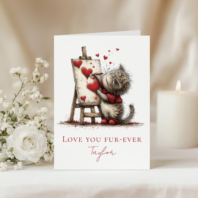 Tarjeta del Día de San Valentín de gato lindo - Te (Cute Cat Valentine’s Day Card – Love You Fur-ever on a table with white flowers and a candle.)