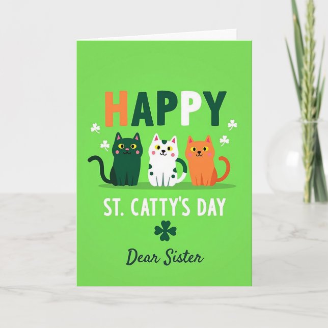 Tarjeta del día de St Cattys con gato a rayas feli (Anverso)