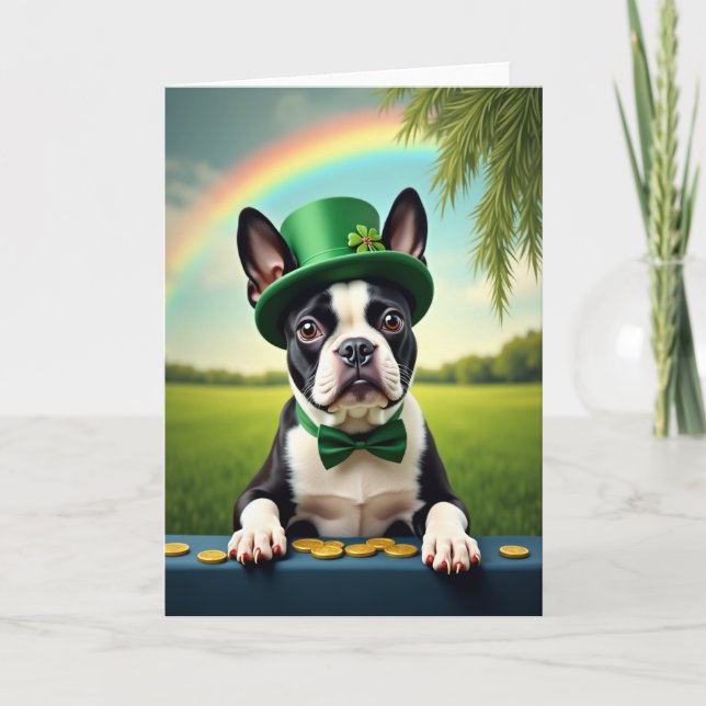 Tarjeta del Día del Afortunado Boston Terrier (Anverso)