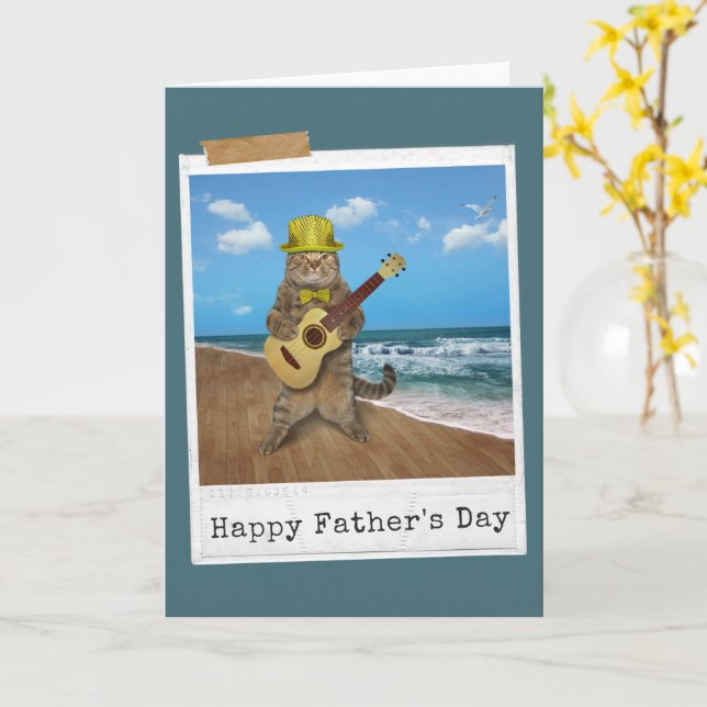 Tarjeta del día del gato feliz del guitarra del pa (flor amarilla)