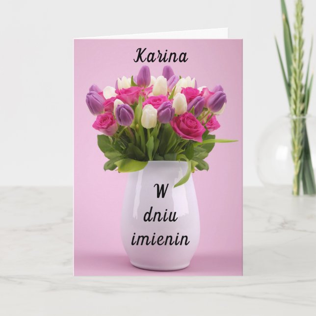 Tarjeta del día del nombre de Karina en polaco per (Anverso)