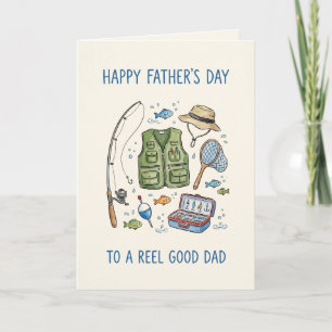 Tarjeta del Día del Padre con equipo de pesca para