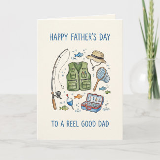 Tarjeta del Día del Padre con equipo de pesca para
