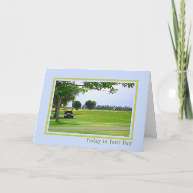 Tarjeta del Día del Padre con Golfer y Cart (Anverso)
