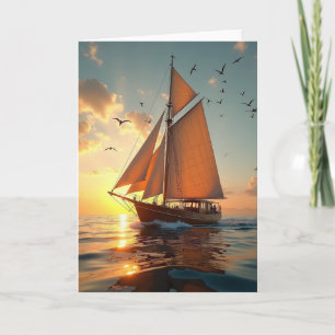 Tarjeta del Día del Padre con velero al atardecer