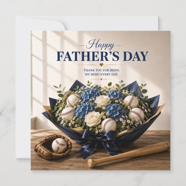 Tarjeta del Día del Padre de béisbol con bate y pe (Anverso)