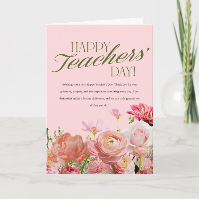 Tarjeta del Día del Profesor con Flores Rosadas (Anverso)