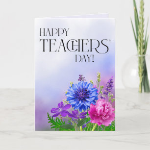 Tarjeta del Día del Profesor Floral Azul y Púrpura