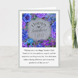 Tarjeta del Día del Profesor Floral Azul y Púrpura