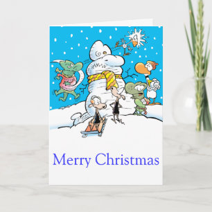 Tarjeta del dibujo animado del muñeco de nieve del
