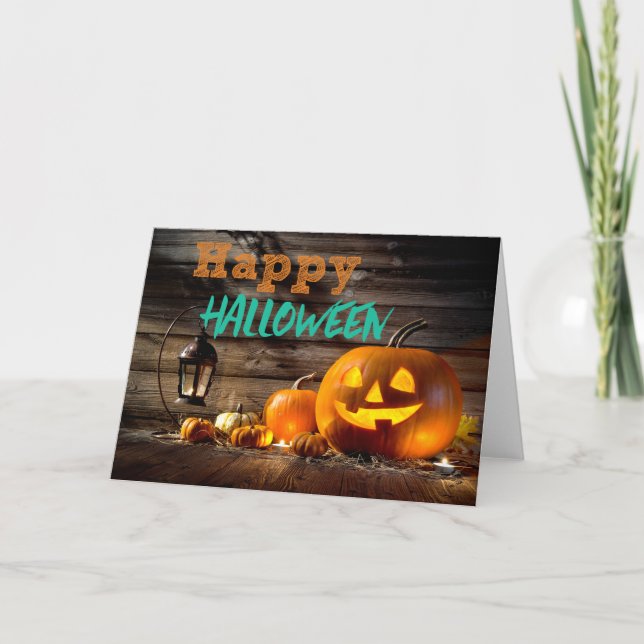 Tarjeta del feliz Halloween de la calabaza de (Anverso)