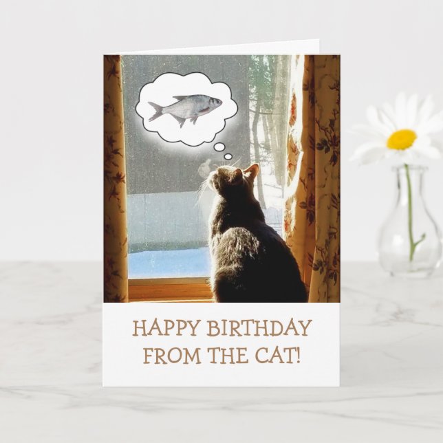 Tarjeta Del Gato Con Cumpleaños De Peces (Planta pequeña)