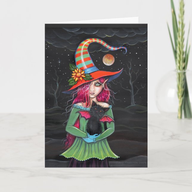 Tarjeta del gato de la bruja de Halloween de las (Anverso)