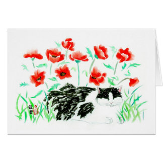 Tarjeta del gato y de las amapolas