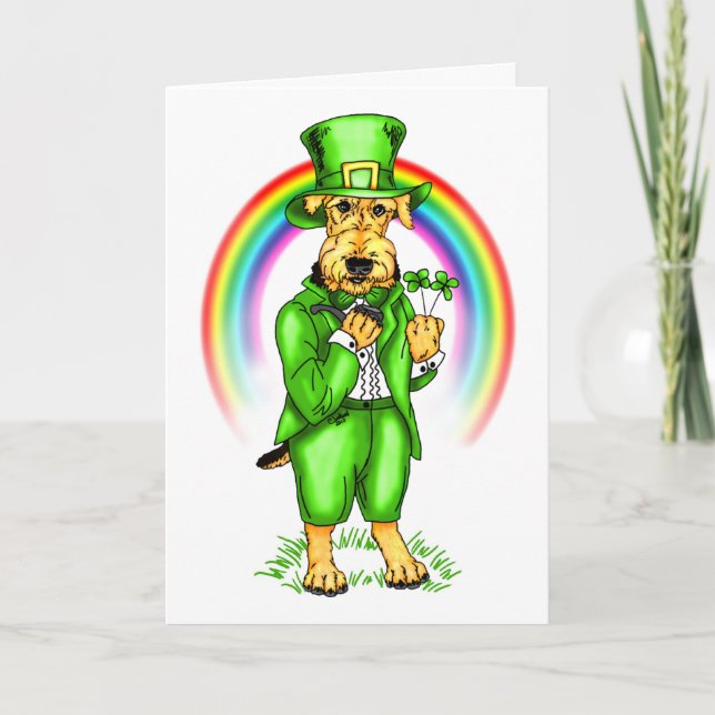 Tarjeta del Leprechaun del día de Airedale Terrier (Anverso)