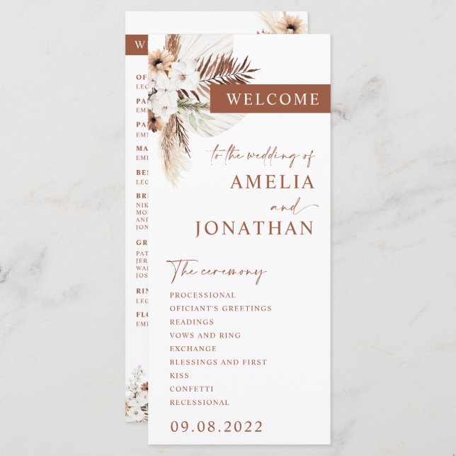 Tarjeta del programa Boho Pampas Terracotta Weddin (Anverso / Reverso)