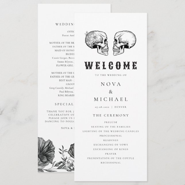 Tarjeta del programa de boda del cráneo gótico NOV (Anverso / Reverso)