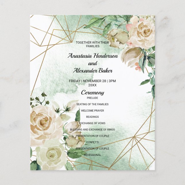Tarjeta del programa de boda floral de presupuesto (Frente)