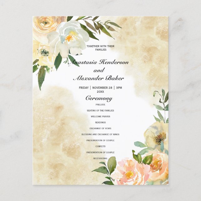 Tarjeta del programa de boda floral de presupuesto (Frente)