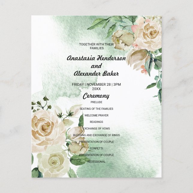 Tarjeta del programa de boda floral de presupuesto (Frente)