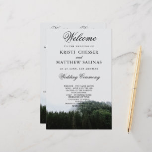 Tarjeta del programa de bodas forestales de niebla
