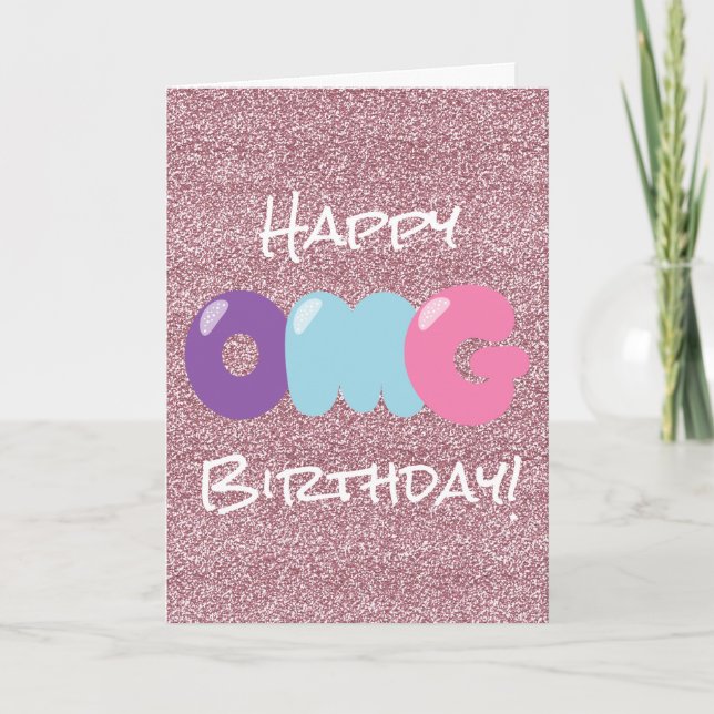 Tarjeta del purpurina del feliz cumpleaños de OMG (Anverso)