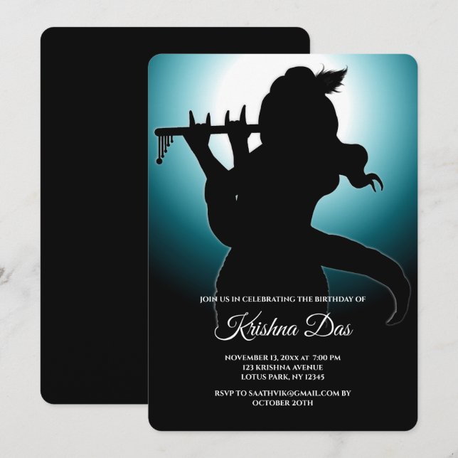 Tarjeta del Señor Krishna azul para cumpleaños - A (Anverso / Reverso)