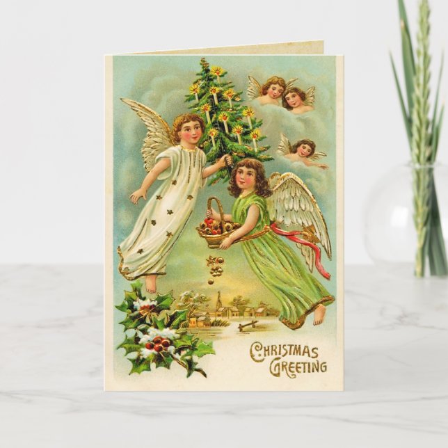 Tarjeta del vintage de los ángeles del navidad (Anverso)