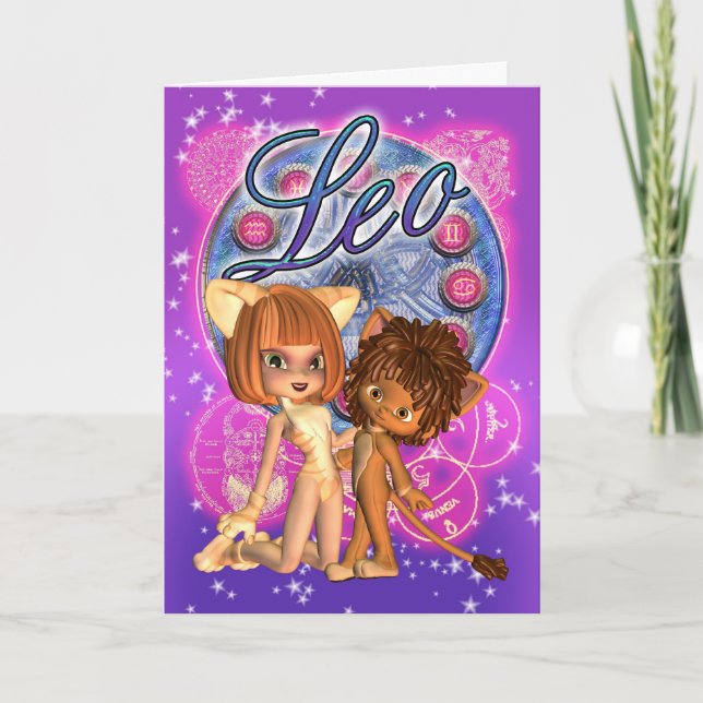 Tarjeta del zodiaco de Leo con el chica lindo del (Anverso)