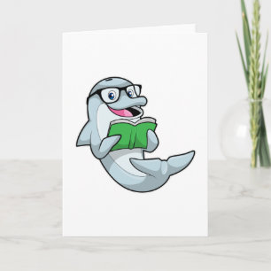 Tarjeta Delfín como nerd con lentes y libro