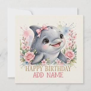 Tarjeta Delfín hembra: animalito con lazo y flores pastel