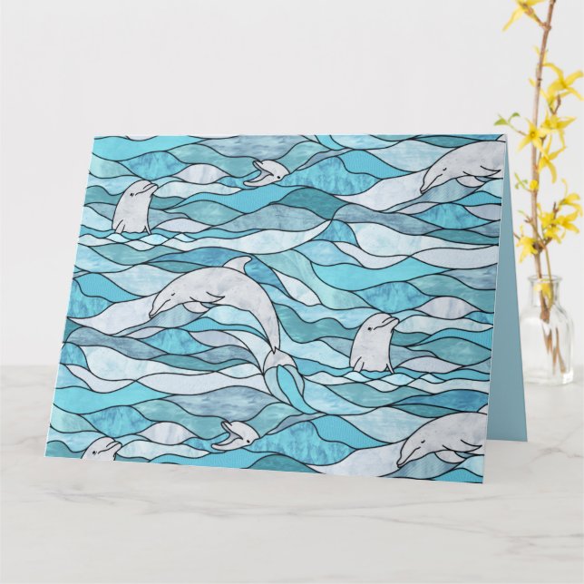 Tarjeta Delfines de vidrio manchado del océano azul (flor amarilla)