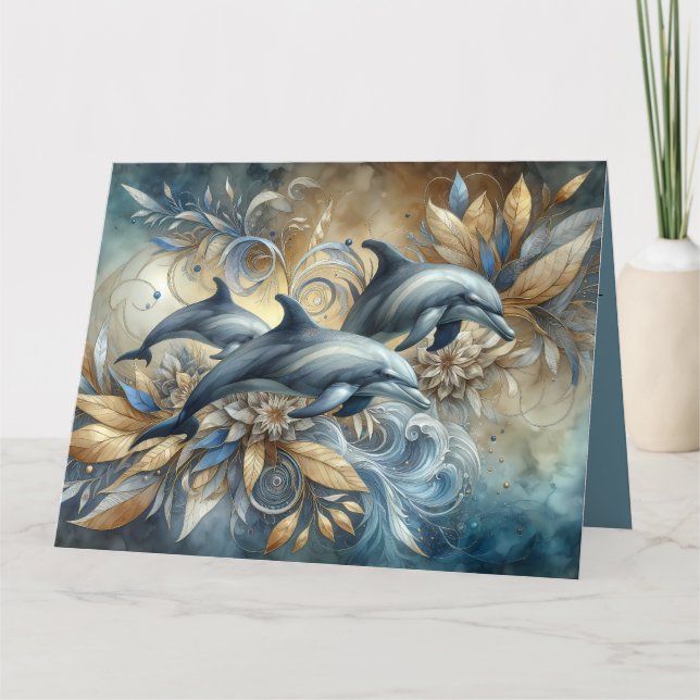 Tarjeta Delfines elegantes con olas doradas florales (Anverso)