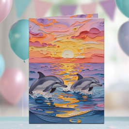 Tarjeta Delfines y olas del océano con empaste | Feliz cum