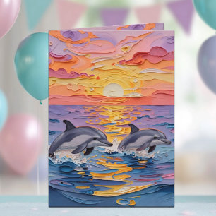 Tarjeta Delfines y olas del océano con empaste Feliz cum