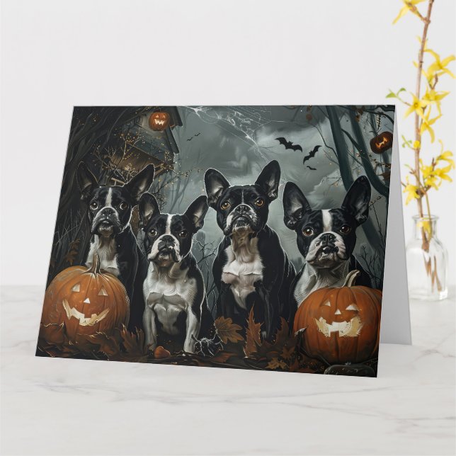 Tarjeta Delicia de Noche de Halloween para Perros Boston T (flor amarilla)
