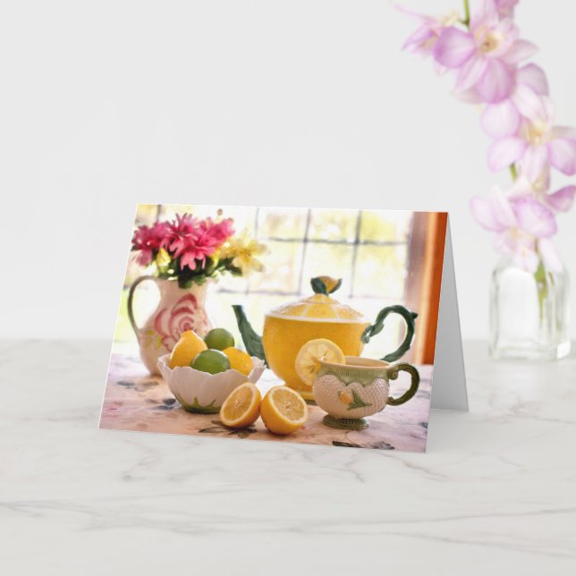 Tarjeta Deliciosa Fiesta De Té Flores Rosa Y Bebida De Lim (Orquídea)
