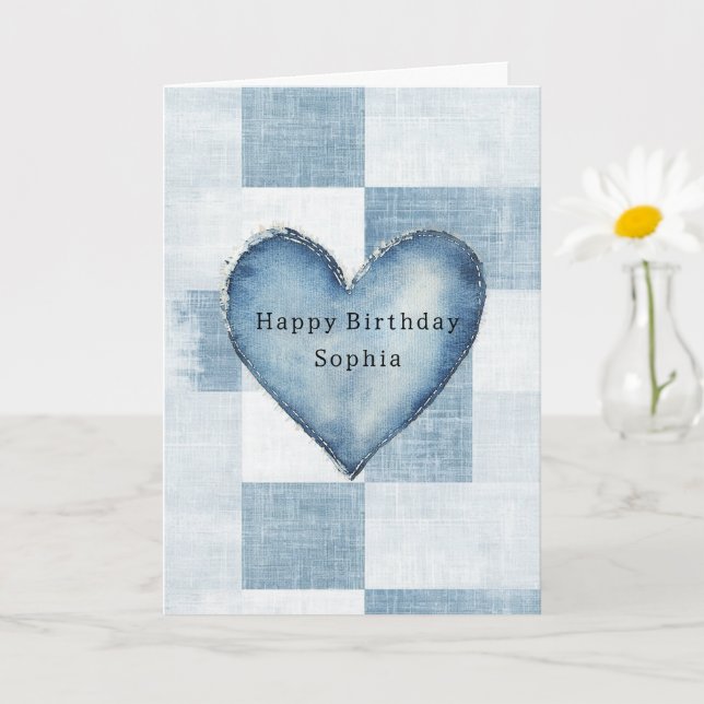 Tarjeta Denim blanco azul Jean Corazón nombre personalizad (Planta pequeña)