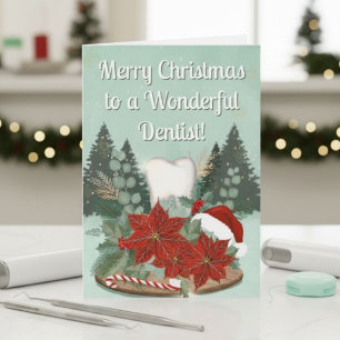 Tarjeta Dentista moderno de Navidad con diente y poinsetti