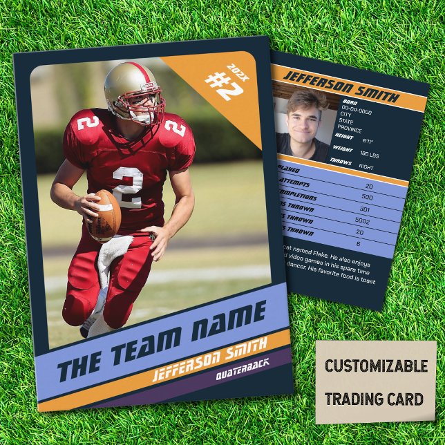 Tarjeta deportiva para equipos de fútbol regalo az (American Football Player Trading Card in Dark Blue with Custom Team Name with Yellow Stripe
)