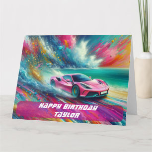 Tarjeta Deportivo Rosa Vibrante en una Playa Tropical
