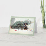 Tarjeta derribada Dachshund del árbol de navidad<br><div class="desc">Tarjeta retra/del vintage del navidad de felicitación.  ¡Dachshund adorable que siente culpable después de golpear sobre el árbol de navidad!</div>