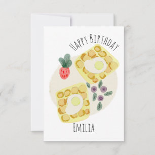 Tarjeta Desayuno acuático Waffles Placa de fruta Cumpleaño