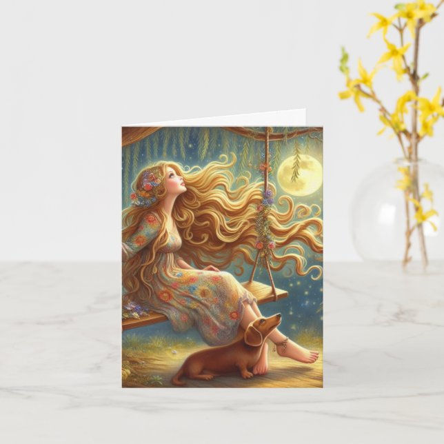 Tarjeta Descargable sincera de Dachshund y Chica (flor amarilla)