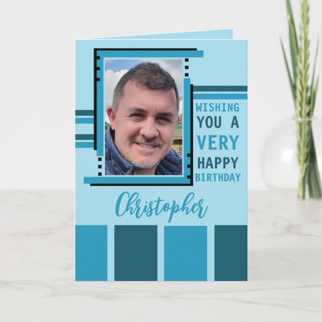 Tarjeta Deseándote feliz foto de cumpleaños azul (Anverso)