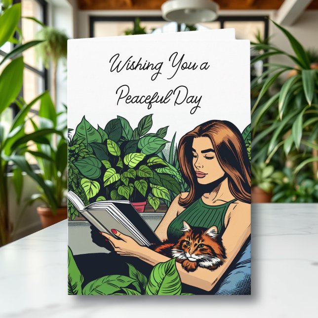 Tarjeta Deseándote un cumpleaños pacífico | Plantas y gato (Subido por el creador)